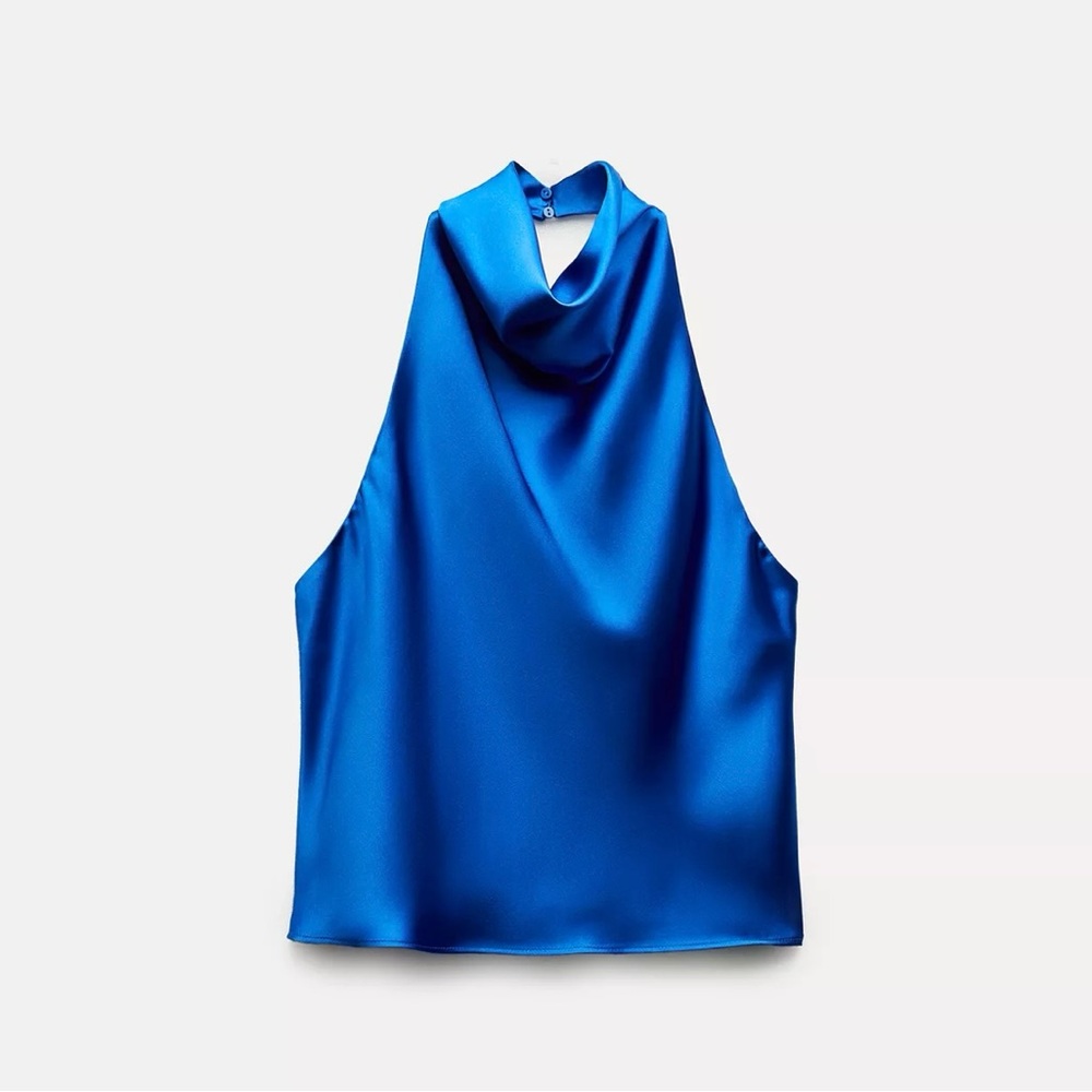 Zara Blue Satin Halter Top NWT